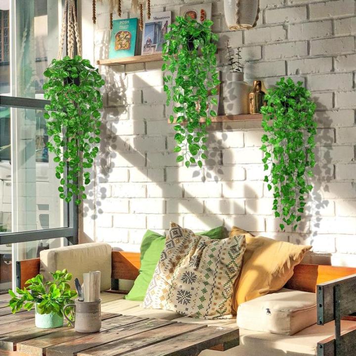 3 stuks met potten, 90 cm, , hangend gecodeerde namaakplanten, wijnstok, onderhoudsvrije eucalyptus, decoratie voor binnen en buiten, tuin, wanddecoratie