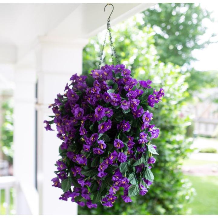 Hangende kunstbloemenmand, nep hangende plant, zijden orchideebloemen, kunstbloemstuk voor buiten tuin tuin zakje patio binnen woondecoratie (paars)