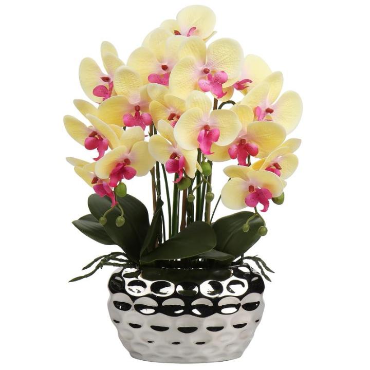 Kunstplant orchideeën kunstbloemen kunstbloemen als echt met echte bloemen in keramische pot tafeldecoratie vensterbank decoratie, hoogte 44 cm, geel