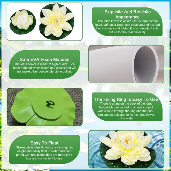 Kunstwaterlelie, 5 stuks, 10 cm en 18 cm, drijvende bloemen, waterlelie, wit, waterlelie, kunstbloemen, lotusbloem, kunstlotus, kunstdecoratie voor tuinvijver, decoratie