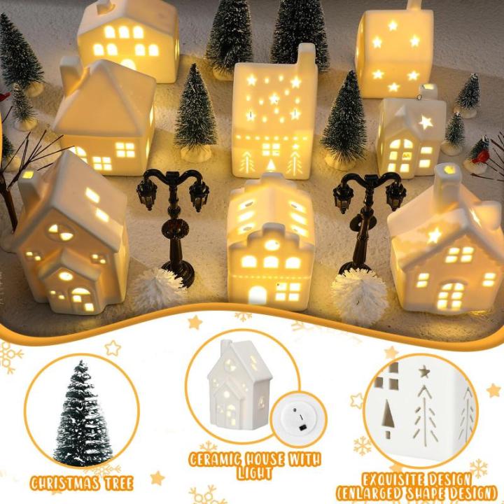 26 stuks keramische kerstdorpset 8 LED kersthuizen 16 kerstbomen voor boerderij 2 straatlantaarns kerstscène decoratie wit porselein kerstdecoratie figuren voor tafel