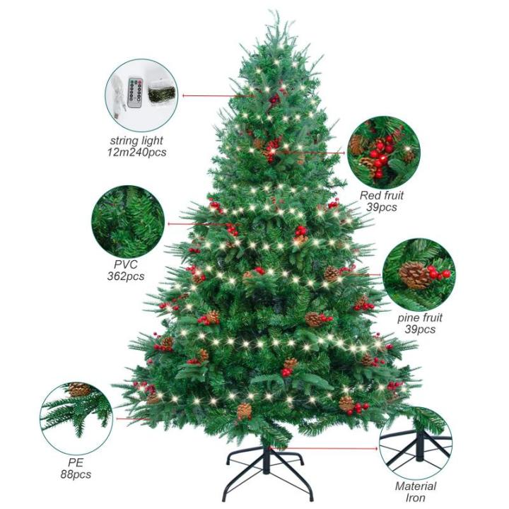 150 cm kerstboom met 12 m 240 leds lichtsnoer, kunstkerstboom + PE kerstboom met boom 450 takken/39 gemengde dennennaalden/39 rode bessen voor Kerstmis feestelijke decoratie
