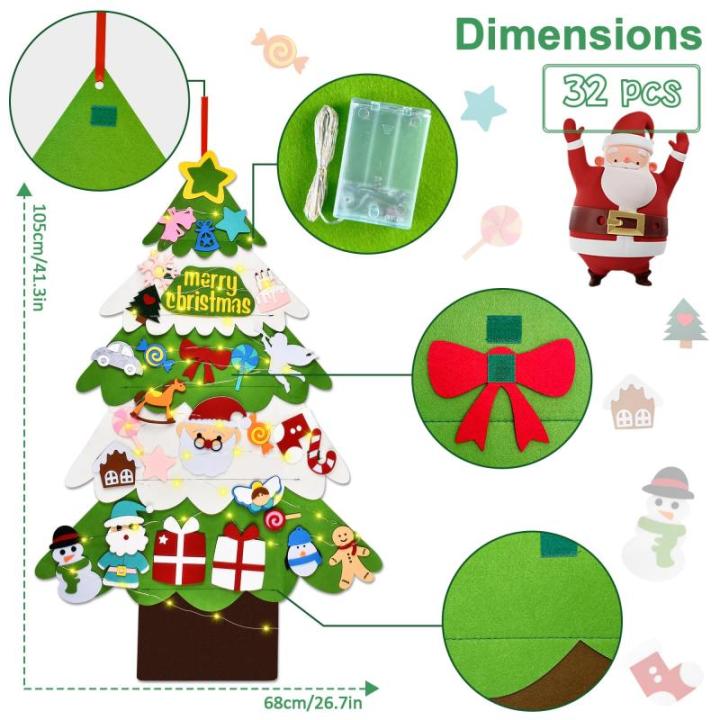 Vilten kerstboom voor kinderen, doe-het-zelf vilten kerstboomset, 3.2ft vilten kerstboom voor peuters met 30 stuks afneembare ornamenten en 5M LED-verlichting, wandhangende vilten 