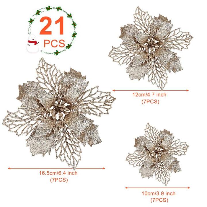 21 stuks kerstbloemen kerstboomversiering bloem kunstbloem glitter kerstboomversiering champagne Kerstmis