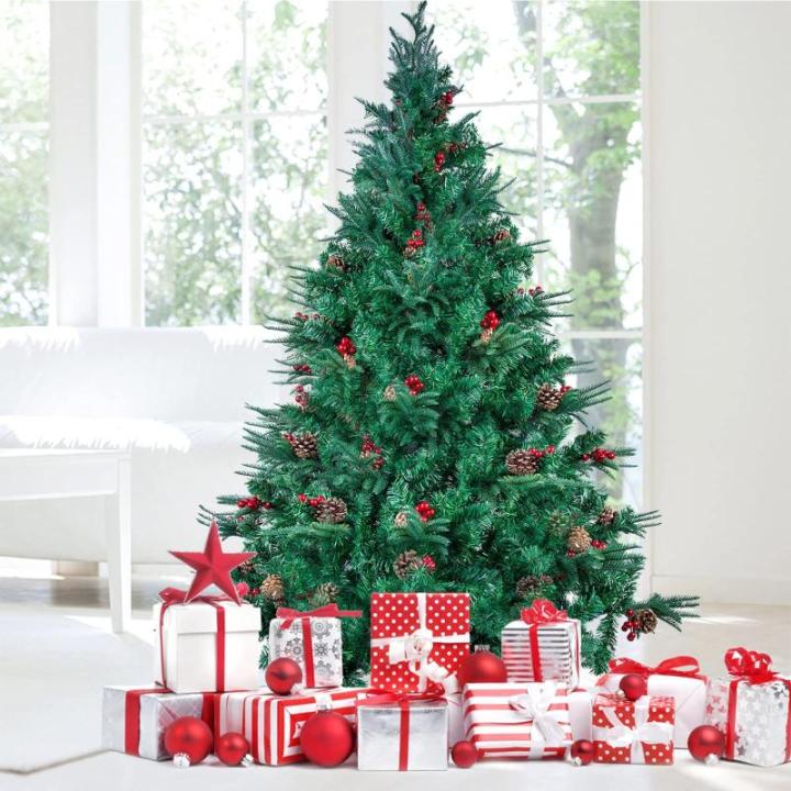 5FT kunstmatige kerstboom, premium scharnierende spar kerstboom, eenvoudige montage met metalen standaard, kerstversiering voor binnen en buiten, met PVC+PE+dennenappel+rood fruit