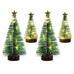 Mini-kerstboom met licht, 4 stuks, 15 cm/10 cm, mini-sneeuwvorst-, led-tafel, dennen met houten sokkel, kunstkerstboom met lichtketting voor winter, Xmas, thuis, kantoor, doe-het-z