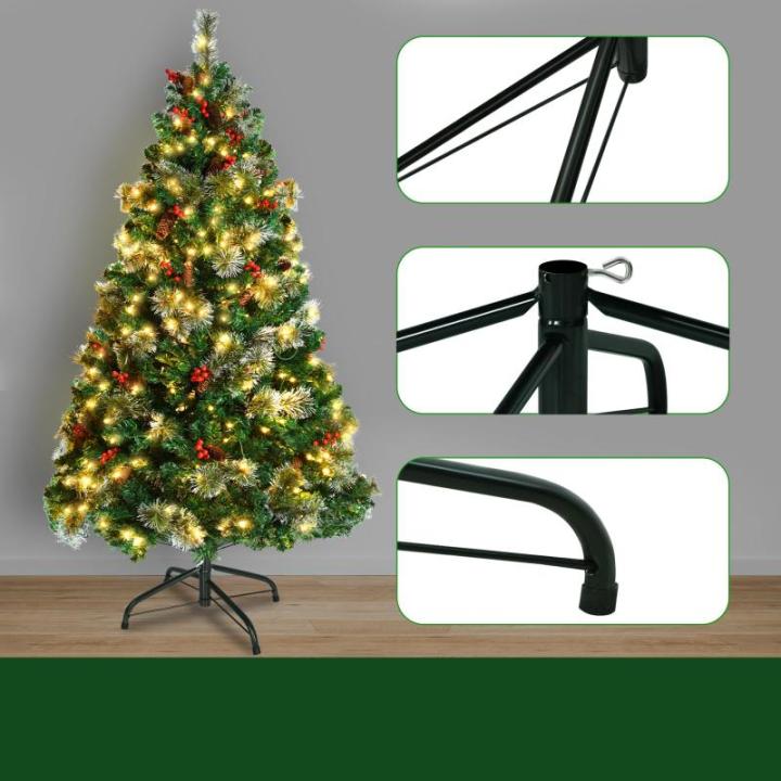 Kunstkerstboom, kunstkerstboom met verlichting, 120 cm, kunstkerstboom met 180 leds en standaard, kunstkerstdecoratie, met dennenappels en bessen