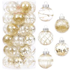 Onbreekbare doorzichtige plastic van 60 mm met glitterschilderij, transparant, doorzichtige kristallen , kerstboomdecoraties (30 stuks, goud)