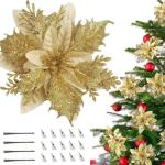12 stuks kerstdecoratie, kunstbloemen voor Kerstmis, kerstster, kunstdecoratie, bloemen, fonkelende kerstster, bloemen, glitter, kerstboomdecoratie (goud)