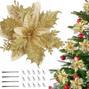 12 stuks kerstdecoratie, kunstbloemen voor Kerstmis, kerstster, kunstdecoratie, bloemen, fonkelende kerstster, bloemen, glitter, kerstboomdecoratie (goud)