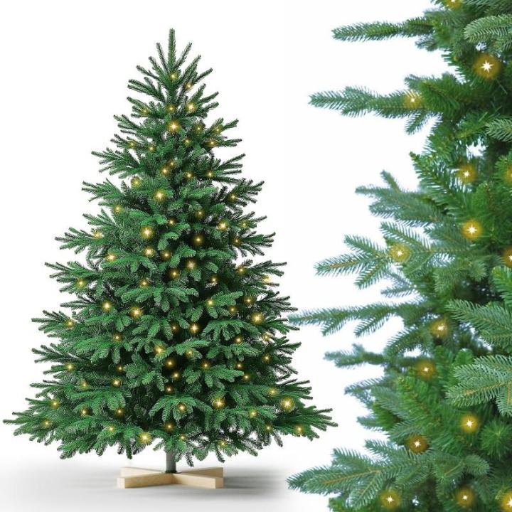 Nordmann Kunstkerstboom, pvc en PE, 180 cm, kunstdennenboom met houten standaard, verlichting led, vlamvertragend, automatische kerstboom, natuurgetrouwe kunstkerstboom