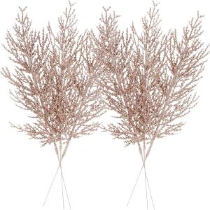 Set van 24 kunstglitter-dennenboomtakken, decoratieve staven, glinsterende stengels, picks, takken voor kerstboom, kleine vaas, feestdagen, bruiloft, feest, 35 cm, roségoud
