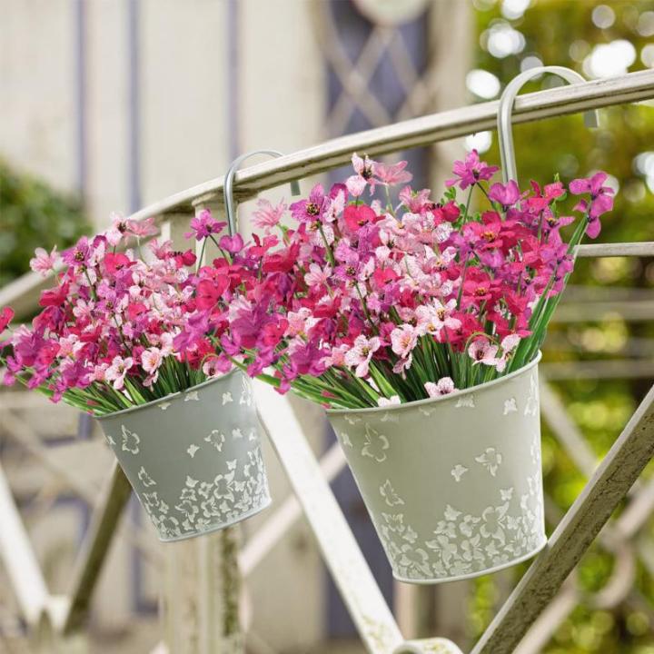 12Pcs Outdoor Nep Planten UV Bestand Plastic Faux Bloemen Planten Bloemen Bulk Voor Indoor Outdoor Opknoping Planter Tuin Venster Doos Thuis Bruiloft Decor