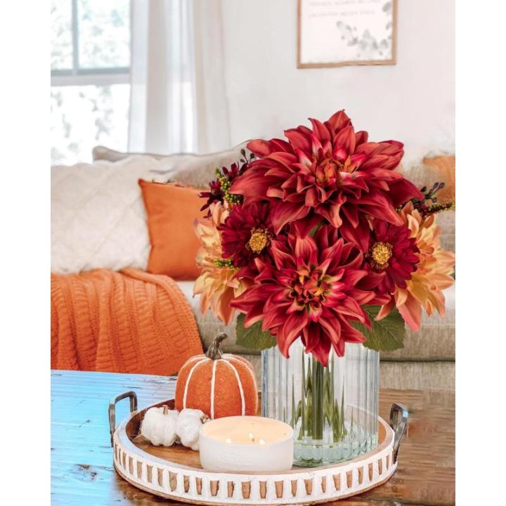 Dalia Kunstbloemen als echt in cilindrische glazen vaas met kunstwater, decoratieve bloemen, chrysant bloemstuk voor thuis, woonkamer, badkamer, herfst, decoratie