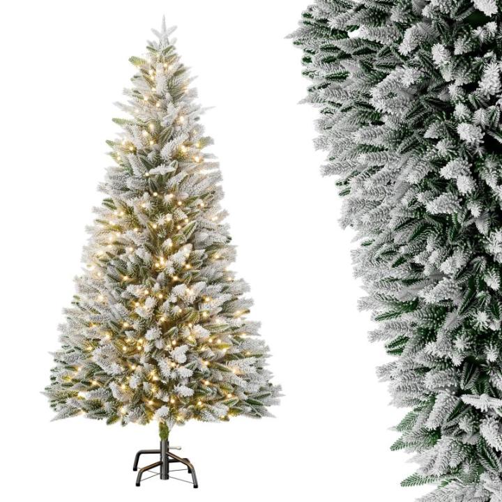 Kunstkerstboom, kunstkerstboom met verlichting, 210 cm, natuurgetrouw, met flockpunten en metalen houder, kerstboom, kerstdecoratie