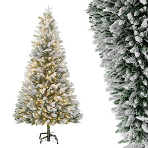 Kunstkerstboom met verlichting, 180 cm, natuurgetrouw, met flockpunten en metalen houder, kerstboom, kerstdecoratie
