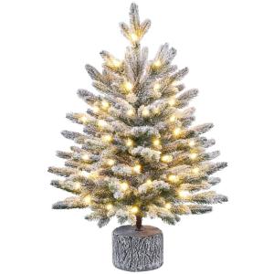 68 cm mini-kunstkerstboom met sneeuw, ingepot dennenboom met 35 leds in warm wit en 262 takpunten, met sneeuw bedekte bevlokte kleine kerstboom