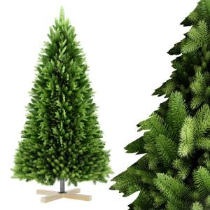Kunstkerstboom van 210 cm met 711 groene pvc-punten, 439 groene PE-punten, met houten standaard, voor Kerstmis, Halloween, bruiloft, feest (zonder sneeuweffect)