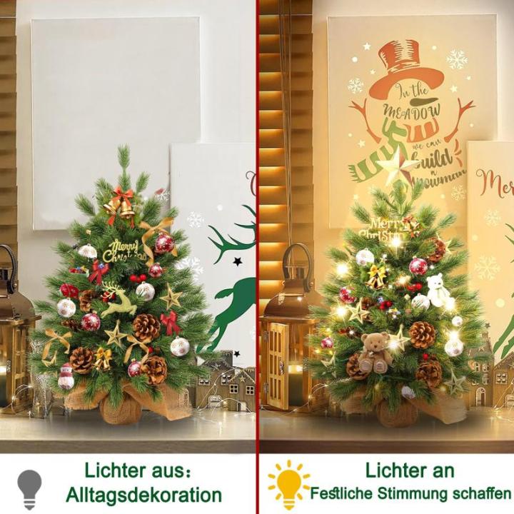 60 cm mini-kerstboom, kunstkerstboom met verlichting, kunstmatig PE-materiaal, kerstboom met 30 warmwitte leds, dennenappels en rode bessen voor Kerstmis