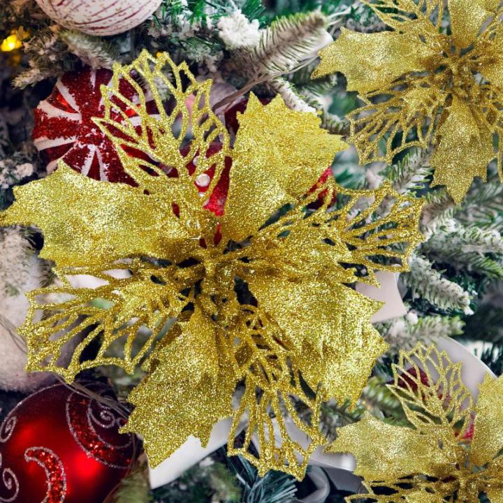 Weihnachtsblumen Künstlich, Weihnachtsbaum Blumen Mit 15 Clips, Glitzer Blumen Weihnachten, Künstliche Blumen für Weihnachten (Gold)