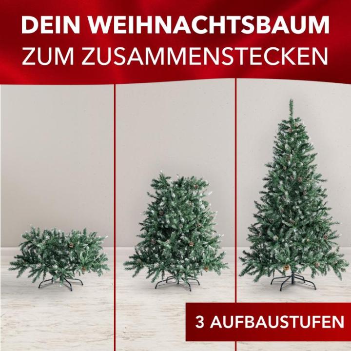 Claus Premium besneeuwde kunstkerstboom, 150 cm, hoogwaardige kunstdennenboom met metalen standaard, bosgrenen, met sneeuweffect en echte dennenappels