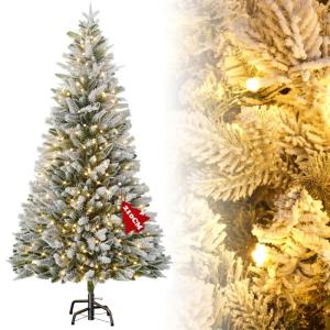 Kunstkerstboom met 450 ledverlichting, 210 cm premium kunstkerstboom met natuurwitte sneeuwvlokken, 1100 takpunten, van PE en pvc dennennaalden, snel op te bouwen, klapsysteem