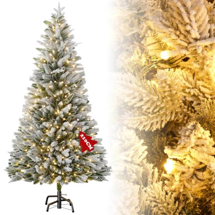 Kunstkerstboom met 450 ledverlichting, 210 cm premium kunstkerstboom met natuurwitte sneeuwvlokken, 1100 takpunten, van PE en pvc dennennaalden, snel op te bouwen, klapsysteem