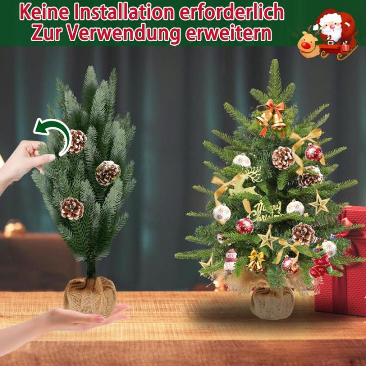 2X Weihnachtsbaum mit Deko Lichterkette 30 LED warm weiß Batterie, 60 cm Mini Kunstweihnachtsbaum mit Pinienzapfen, Tisch-Weihnachtsbaum, Weihnachtsdeko, Material PE+PVC,für Weih