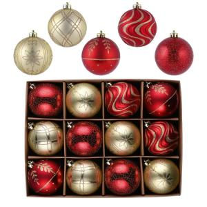 , 12 stuks, 8 cm, , met cadeaupakket, kerstboomversiering met hanger, decoratie Kerstmis, thema rood goud