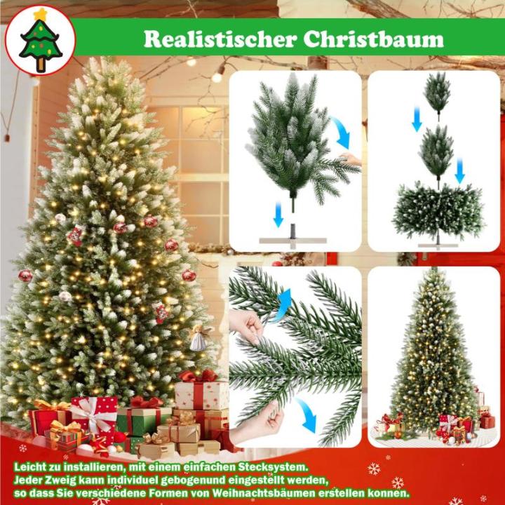 Kunstkerstboom van 180 cm met 775 groene pvc-punten en 75 groene PE-punten, met houten standaard en warmwitte leds, voor Kerstmis, Halloween, bruiloft (met sneeuweffect)