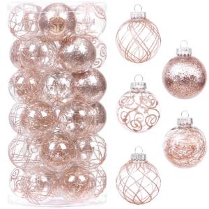 Onbreekbare doorzichtige plastic van 60 mm met glitterschilderij, transparant, doorzichtige kristallen , kerstboomdecoraties (30 stuks, roségoud)