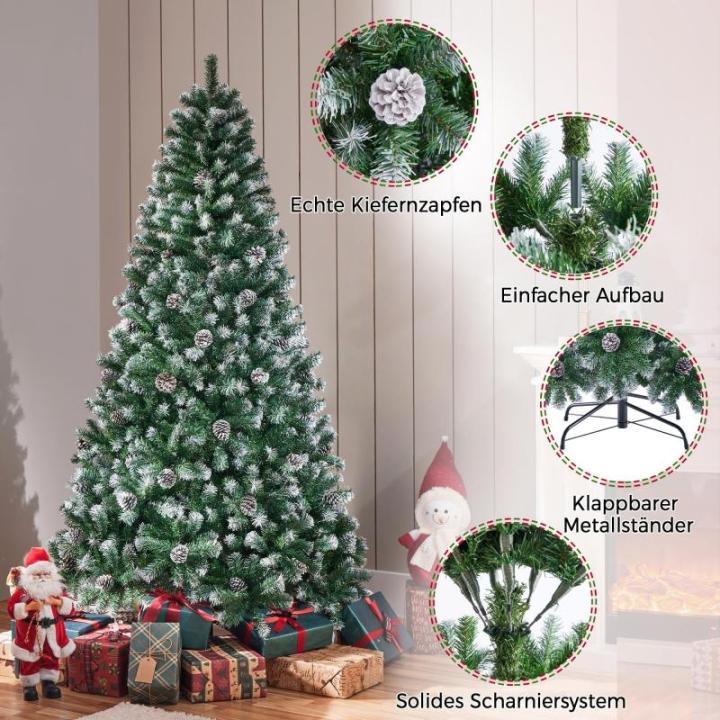 Kunstkerstboom van 183 cm met sneeuw en 64 dennenappels, diameter ca. 106 cm, 920 takpunten, moeilijk ontvlambare dennenboom met snelmontage, klapsysteem, incl. metalen standaard