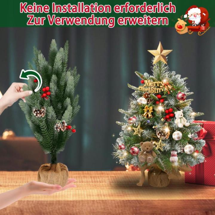2 x kerstboom met decoratieve lichtketting 30 LED warm wit batterij, 60 cm mini kunstkerstboom met sneeuw, dennenappels en taxbessen, tafelkerstboom, kerstdecoratie, materiaal PE