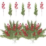 40 stuks kunstdennentakken met 10 rode bessenstelen, 22 cm, siliconen dennentakken, kunstmatig als echte decoratie, Kerstmis, strooidecoratie, dennen voor adventskrans, decoratie (
