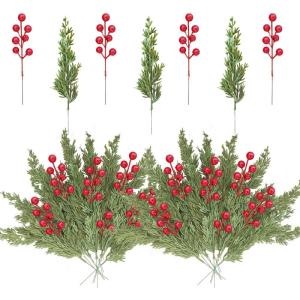 40 stuks kunstdennentakken met 10 rode bessenstelen, 22 cm, siliconen dennentakken, kunstmatig als echte decoratie, Kerstmis, strooidecoratie, dennen voor adventskrans, decoratie (
