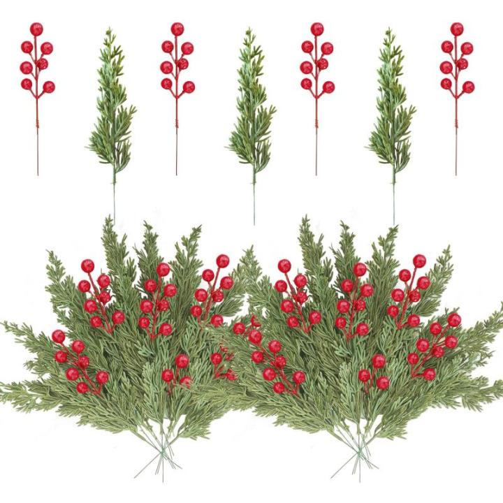 40 stuks kunstdennentakken met 10 rode bessenstelen, 22 cm, siliconen dennentakken, kunstmatig als echte decoratie, Kerstmis, strooidecoratie, dennen voor adventskrans, decoratie (