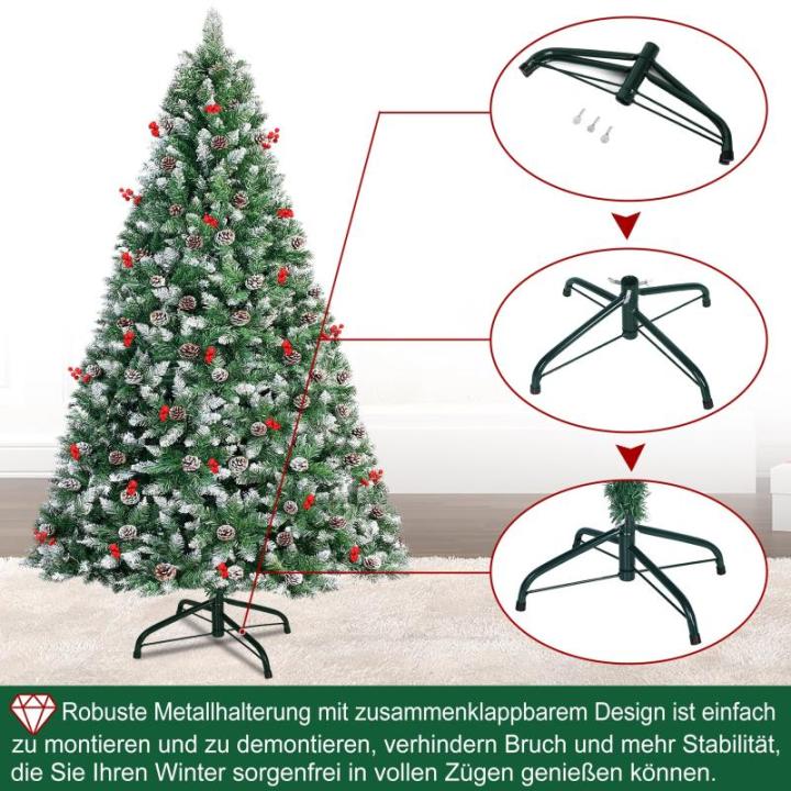 Kunstkerstboom, 150 cm, pvc, automatische kunstkerstboom met standaard, kunstkerstdecoratie, met sneeuw, dennenappels en bessen