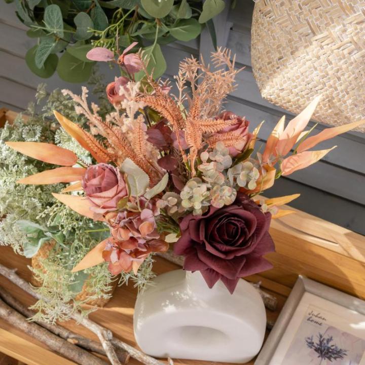 Kunstbloemen, zijden rozen, kunstbloemen als echt uitziende voor doe-het-zelf bruiloft, boeket, tuin, feest, hotel, kantoor, decoratie, tafelstukken, bordeauxrood