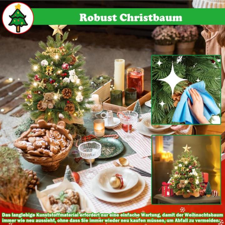 60cm Mini Künstlicher Weihnachtsbaum mit 30 LEDs Klein Tannenbaum mit Ständer PVC + PE Spitzen Christbaum für Weihnachten, Halloween, Hochzeit, Party (Kiefernzapfen + Beeren)