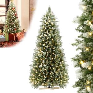 Kunstkerstboom met ledverlichting, warmwit, incl. houten standaard, natuurgetrouwe sneeuweffecten met pvc en PE, automatische kerstboom voor feestelijke decoratie, kerstdecoratie
