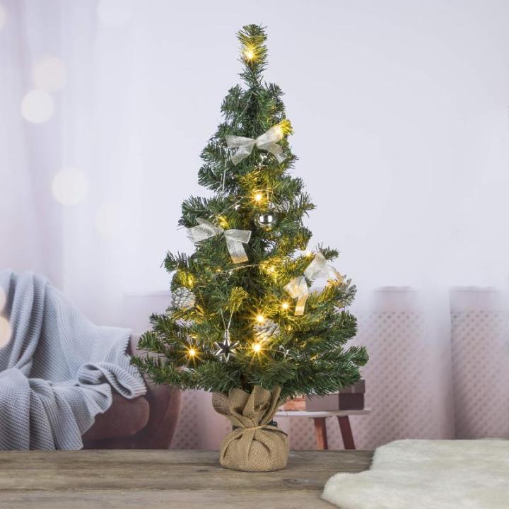 Kunstkerstboom, 75 cm, versierd met ballen, sterren, dennenappels, strikken, slinger, en een lichtkettting met 20 ledlichtjes, 1 batterij