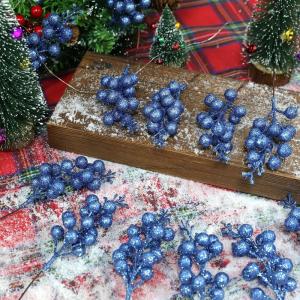 24 stuks kunstmatige rode bessendecoratie, rode bessenprikkers, Holly bessen, takken voor kerstboom, decoratie, handwerk, bruiloft, vakantie, winter, decoratie, woondecoratie (blau