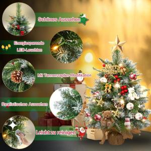 2 x kerstboom met decoratieve lichtketting 30 LED warm wit batterij, 60 cm mini kunstkerstboom met sneeuw, dennenappels en taxbessen, tafelkerstboom, kerstdecoratie, materiaal PE
