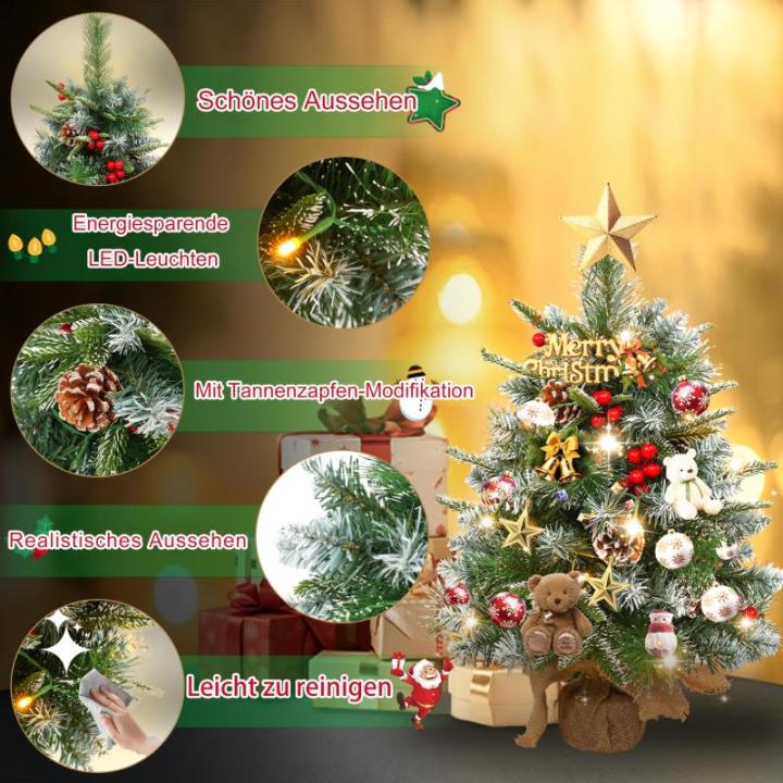 2 x kerstboom met decoratieve lichtketting 30 LED warm wit batterij, 60 cm mini kunstkerstboom met sneeuw, dennenappels en taxbessen, tafelkerstboom, kerstdecoratie, materiaal PE