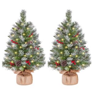 2 stuks mini-kunstkerstboom met sneeuw incl. warm witte led & rode bessen en dennenappels, kleine kerstboom tafel dennenboom voor kerstdecoratie 66 cm