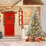 Kunstkerstboom met 450 ledverlichting, 210 cm premium kunstkerstboom met natuurwitte sneeuwvlokken, 1100 takpunten, van PE en pvc dennennaalden, snel op te bouwen, klapsysteem