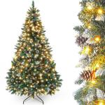 Kunstkerstboom met verlichting en witte sneeuw, led-dennenboom voor kerstdecoratie met echte dennenappels, vuurbestendig, 180 cm