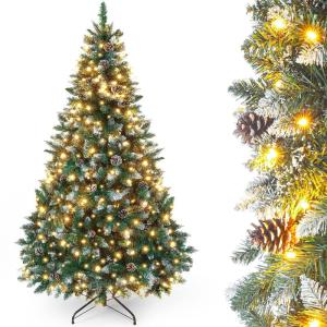 Kunstkerstboom met verlichting en witte sneeuw, led-dennenboom voor kerstdecoratie met echte dennenappels, vuurbestendig, 180 cm