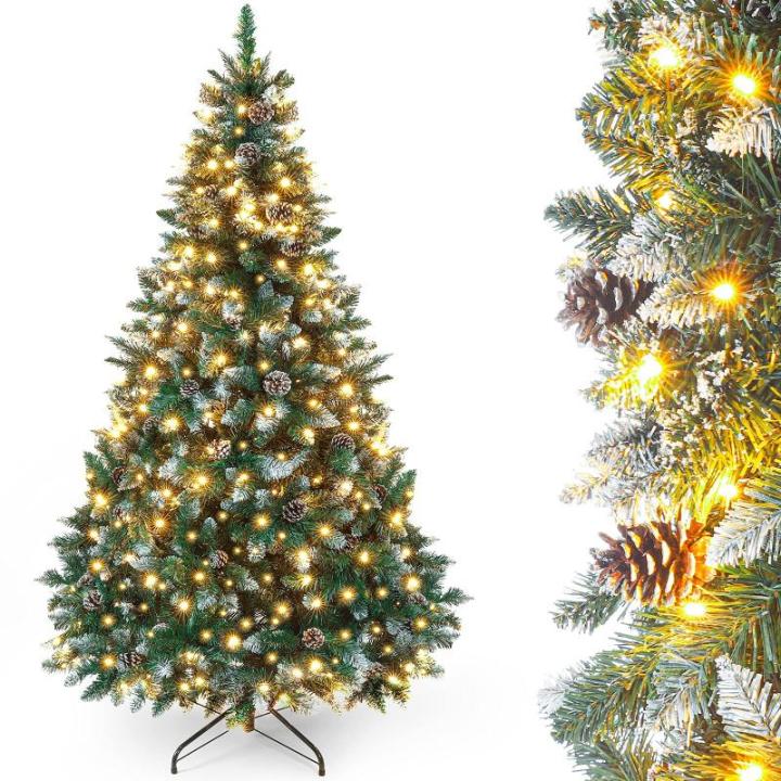 Kunstkerstboom met verlichting en witte sneeuw, led-dennenboom voor kerstdecoratie met echte dennenappels, vuurbestendig, 180 cm