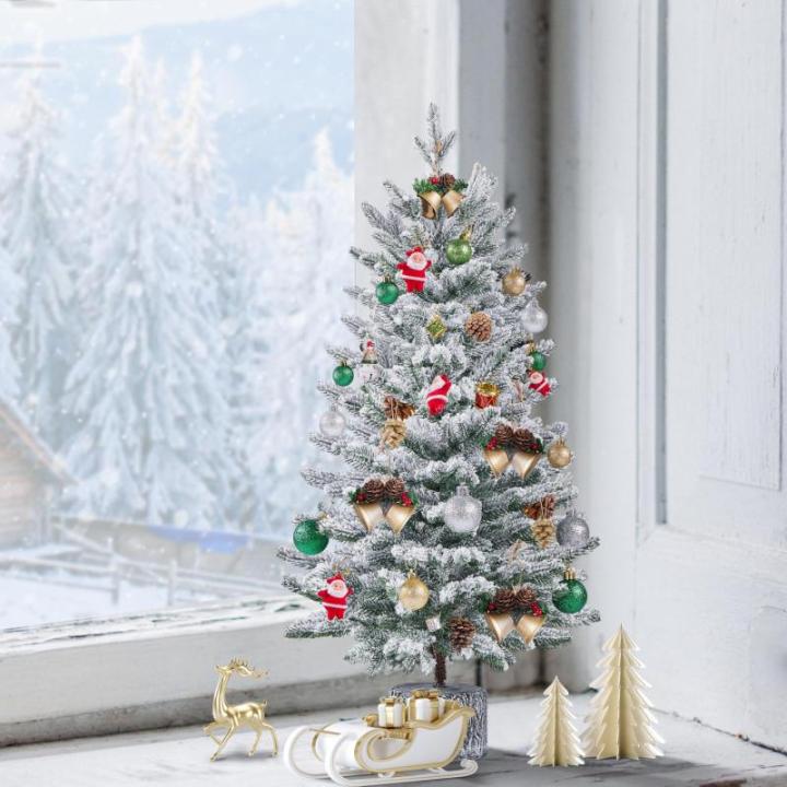 94 cm mini-kunstkerstboom met sneeuw, ingepot dennenboom met 50 leds in warm wit en 355 takpunten, met sneeuw bedekte kleine kerstboom